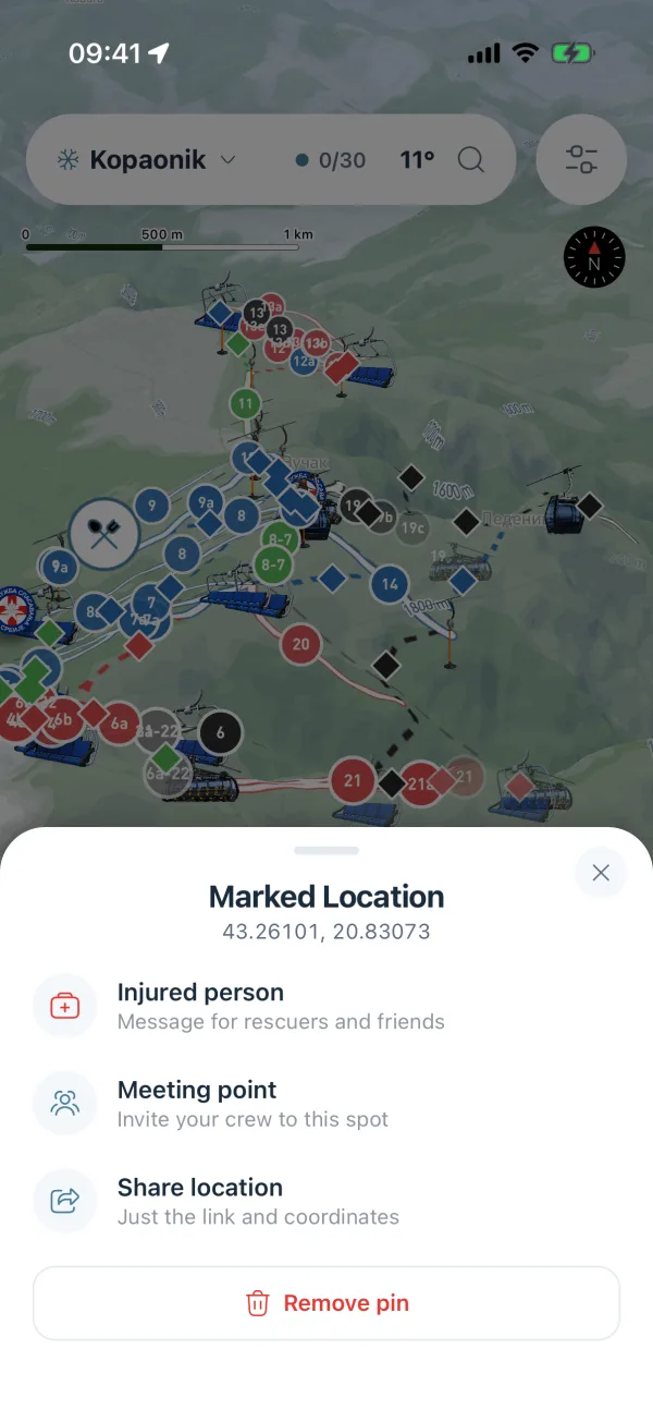 Marked Location sheet for a pin dropped on the map, with its coordinates and the choice of injured person, meeting point or share location.