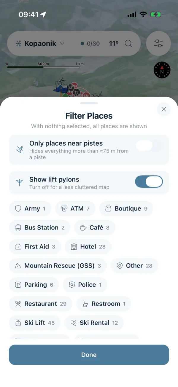 Filter Places sheet with switches for places near the pistes and lift pylons, above category chips with the count of each.