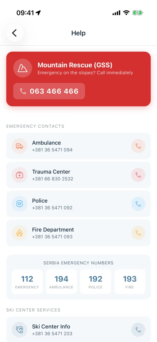 Help screen with the Mountain Rescue banner, tap-to-call emergency contacts and Serbia's emergency numbers.