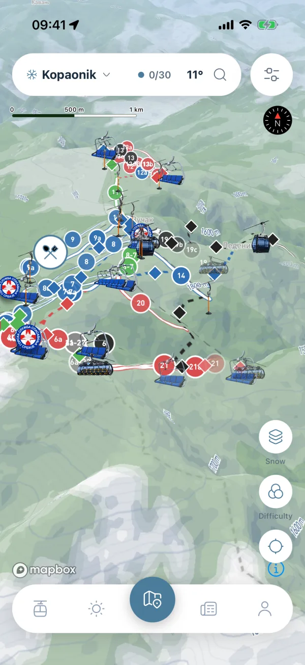 Overview of Kopaonik's lifts and pistes on 3D terrain, with a header island showing the mountain name, the number of open lifts and the temperature.