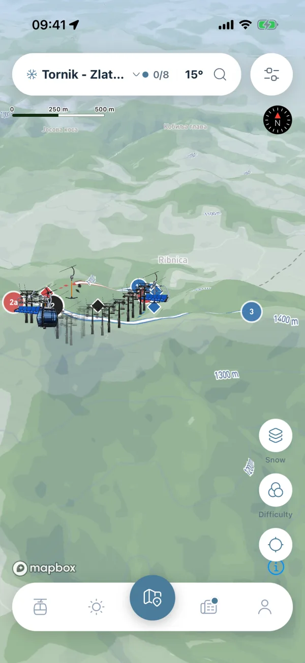 Zlatibor's Tornik area on the map, with the mountain picker in the header showing none of the eight lifts open and the runs coloured by difficulty.