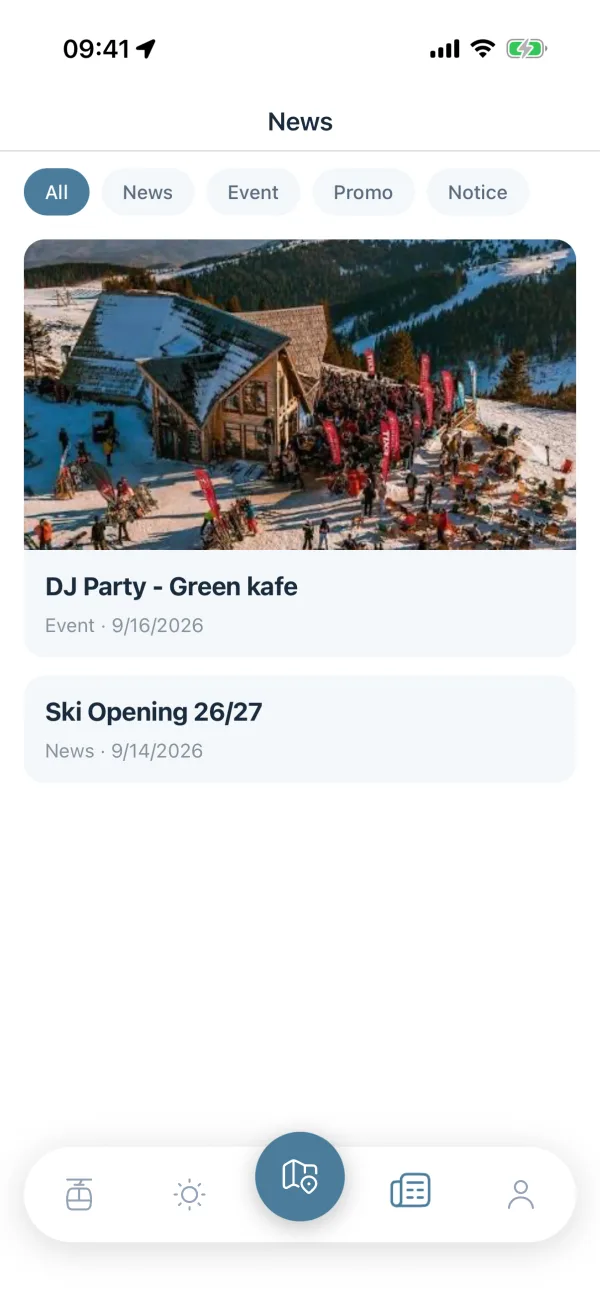 News tab with category chips and a list of articles, each with its cover image, category and date.