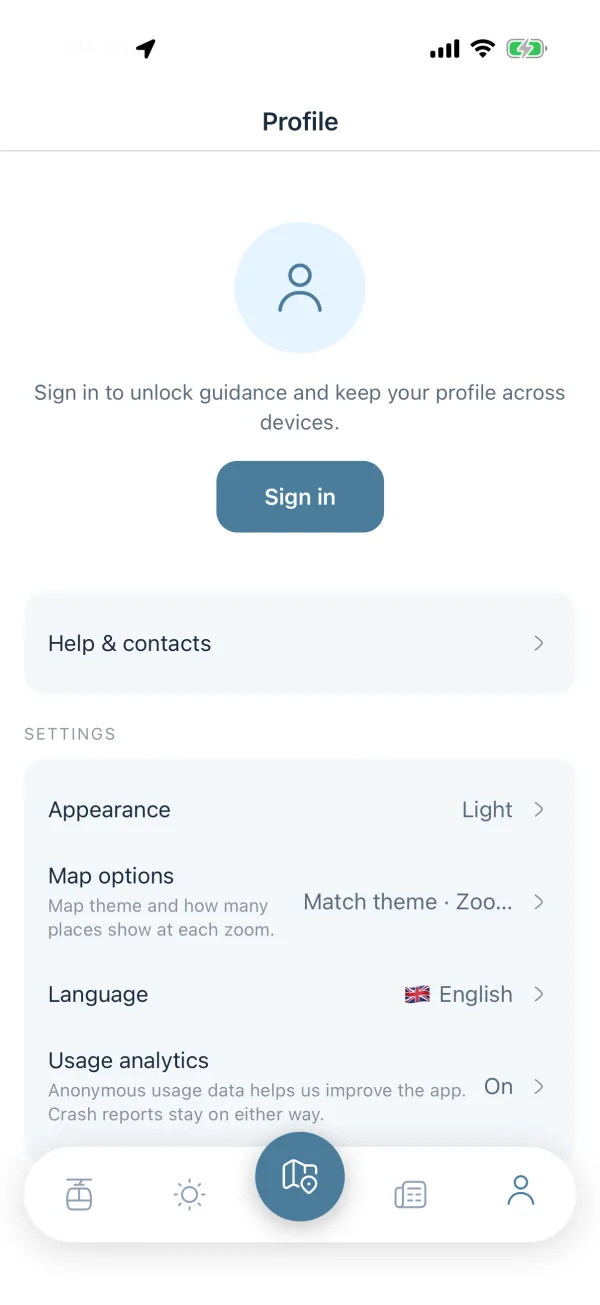 Profile screen with a sign-in prompt and settings for appearance, map theme and language.