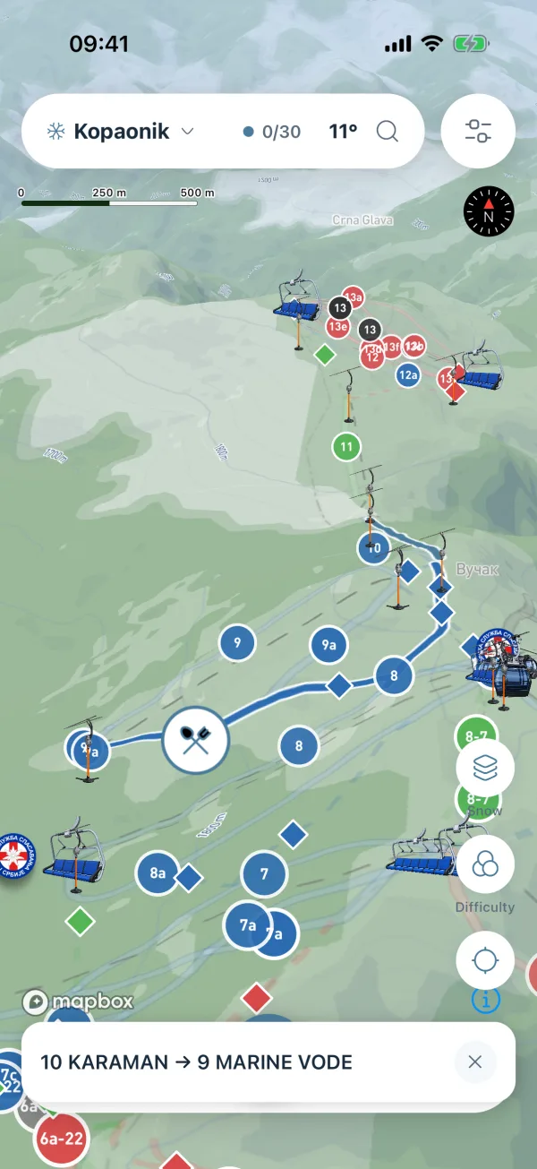 The chosen route drawn on the map in blue, with a bar at the bottom naming its start and end.