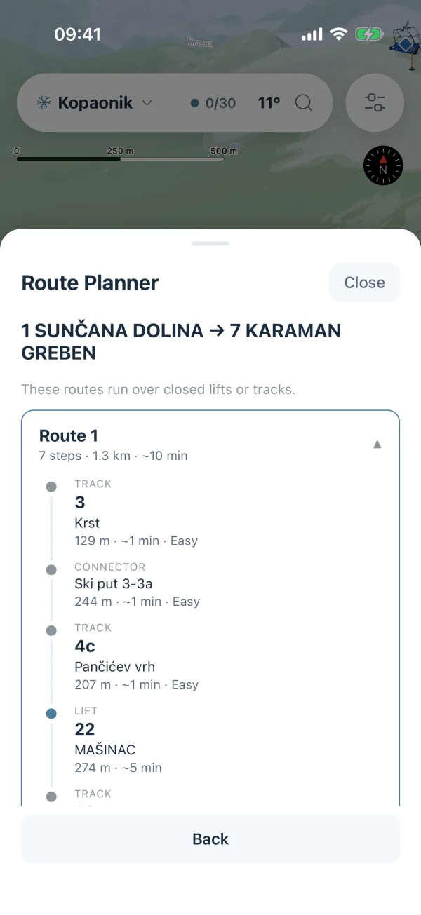 Route planner sheet with a start and an end, and a route broken into steps with the name, length and minutes of each.