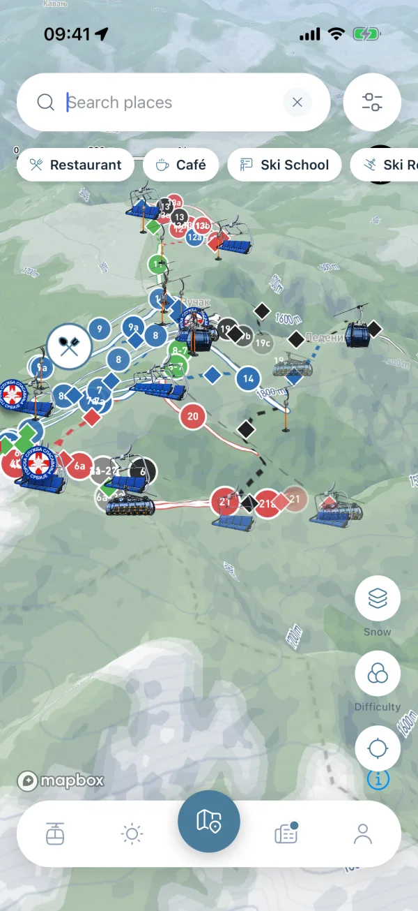 Search over the map with an empty Search places field and category chips for restaurants, cafes, ski schools and rentals.