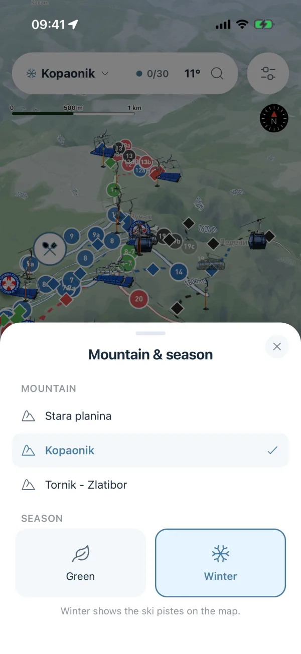 Mountain and season sheet listing the three mountains, with Winter chosen instead of the green season.