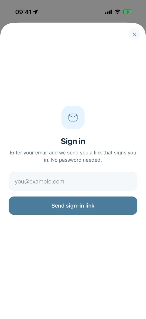 Sign-in sheet asking for an email address, with a button that sends a sign-in link and no password field.