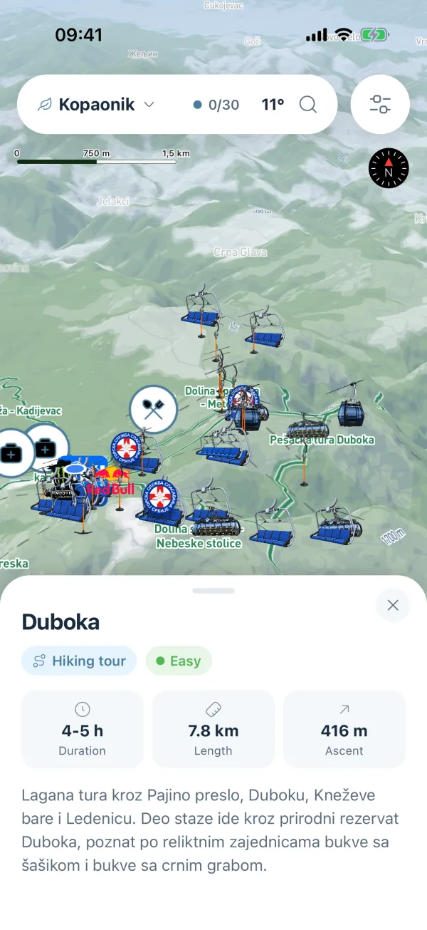 Map with a hiking trail's info panel open, showing its name, difficulty, how long it takes and whether it is open.