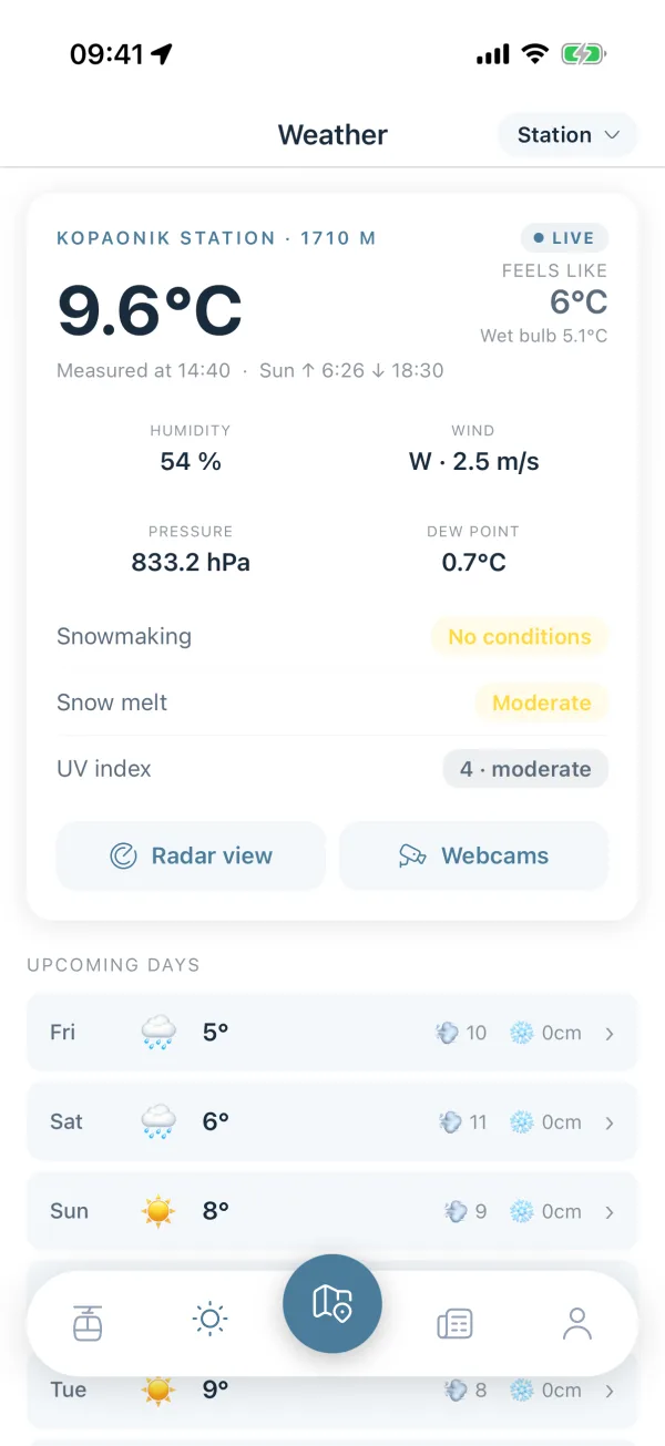 Live Kopaonik weather station with temperature, feels like, humidity, wind, pressure, dew point, snowmaking and UV, above the coming days.