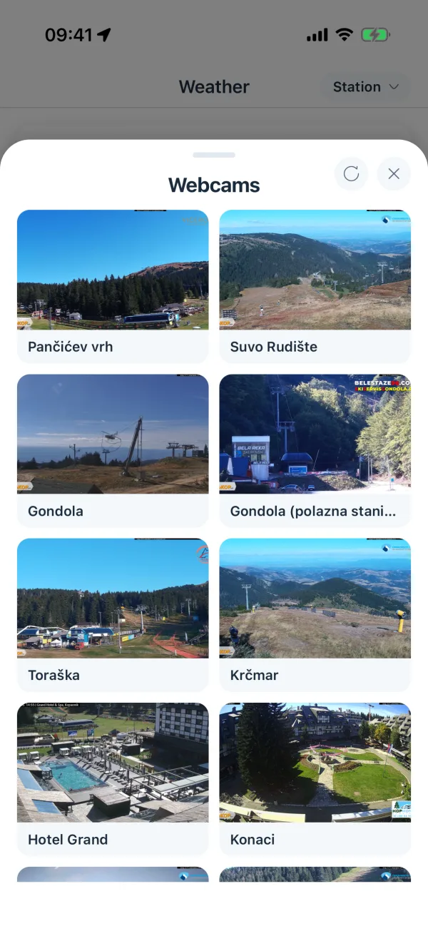 Webcams sheet with a grid of snapshots from the mountain, each one named after where it stands.